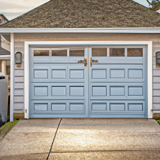 Craftsman home in Gig Harbor with a visible weathered blue garage door and exposed hardware on a damp driveway.