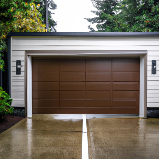 Closed modern garage door on a wet residential driveway in Gig Harbor, WA with evergreen backdrop and overcast sky.
