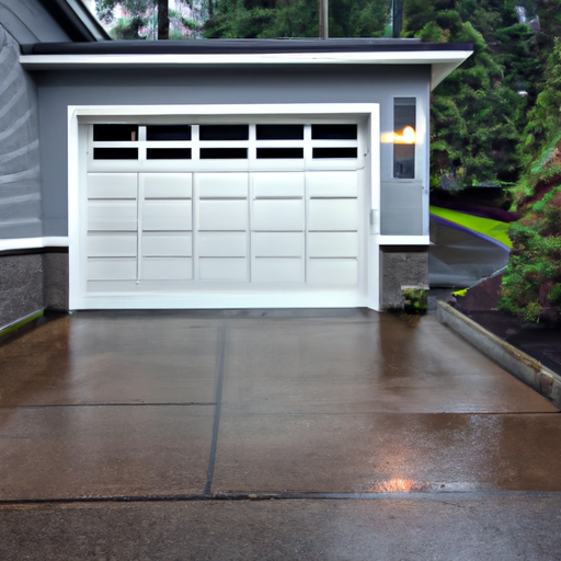 Suburban Gig Harbor home with a modern garage door, wet driveway, evergreen backdrop, overcast Pacific Northwest sky.