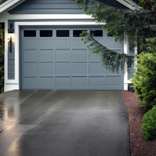Closed residential garage door in Gig Harbor, WA with coastal landscaping and wet driveway, showing door texture and weatherseal.