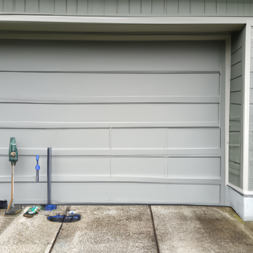Editorial image of a closed garage door at a Gig Harbor home with maintenance tools laid out in front
