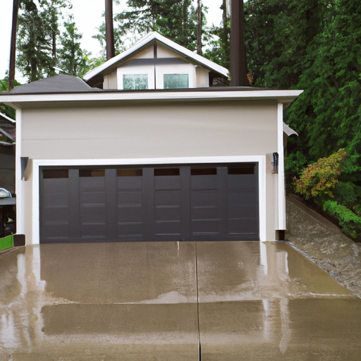 Residential garage door on a wet driveway with shoreline trees in the background, overcast Puget Sound light.