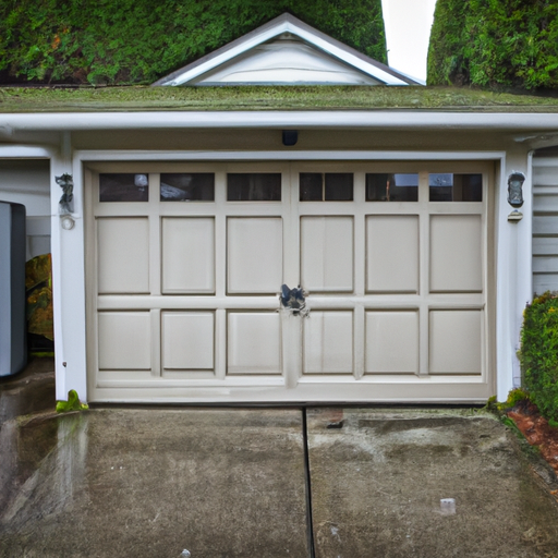 Full view of a residential garage door on a cedar-shake house in overcast Gig Harbor weather, damp driveway and weathered hardware visible.