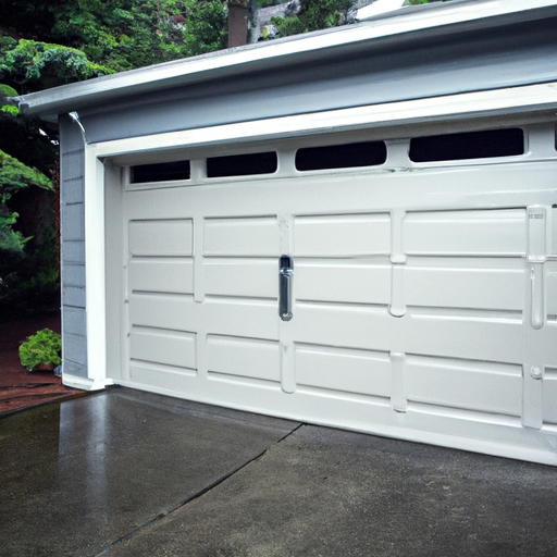 Modern paneled garage door on a Gig Harbor home exterior with wet pavement and evergreens in soft overcast light.