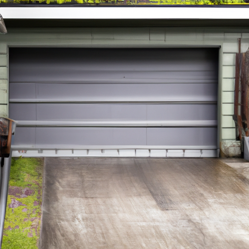 Residential garage door and visible hardware with coastal wear in Gig Harbor, WA under overcast sky.