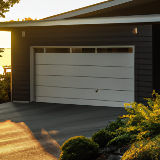 Exterior view of a residential garage door in Gig Harbor with coastal landscaping and distant water, evening light.