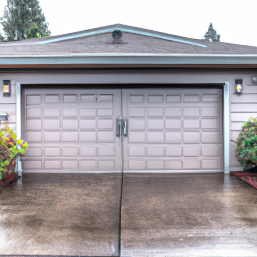 Closed sectional garage door on a residential home in Gig Harbor with wet driveway and coastal shrubs, overcast sky.