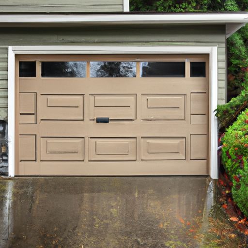 Insulated sectional garage door on a craftsman home in Gig Harbor with wet driveway and overcast sky