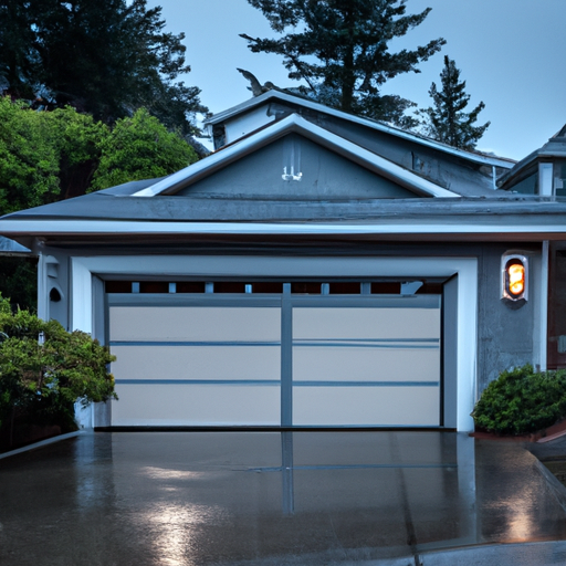 Sectional garage door on a Gig Harbor home at dusk with wet pavement and visible hardware, Pacific Northwest setting.