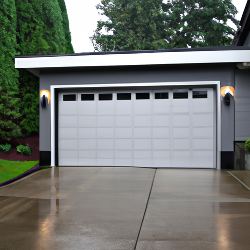 Closed carriage-style garage door on a coastal Gig Harbor home with wet pavement and evergreen backdrop.