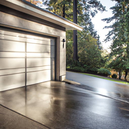 Modern residential garage door partially open on a coastal street in Gig Harbor with wet pavement and evergreen backdrop.