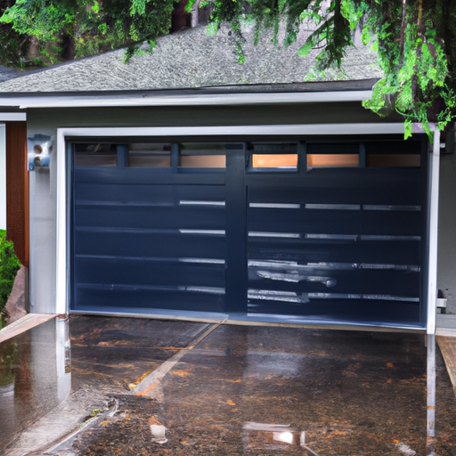 Exterior view of a residential garage door in Gig Harbor with visible seals and a ceiling-mounted opener, wet pavement, and harbor trees in the background.