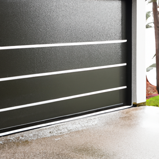 Modern two-car garage door in Gig Harbor with visible bottom seal and wet pavement, coastal evergreens in background.