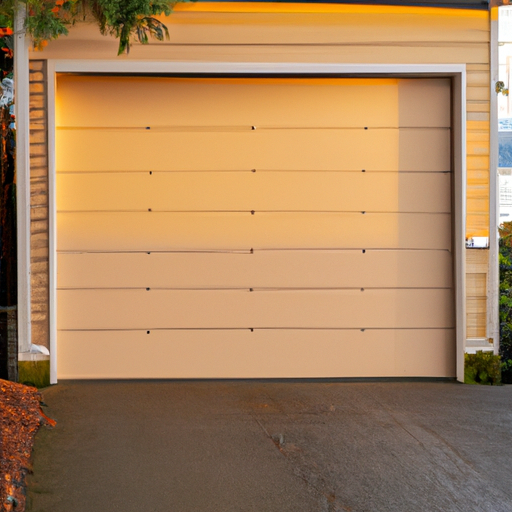 Residential garage door on a coastal Gig Harbor, WA home at golden hour, with wet driveway and cedar siding visible.
