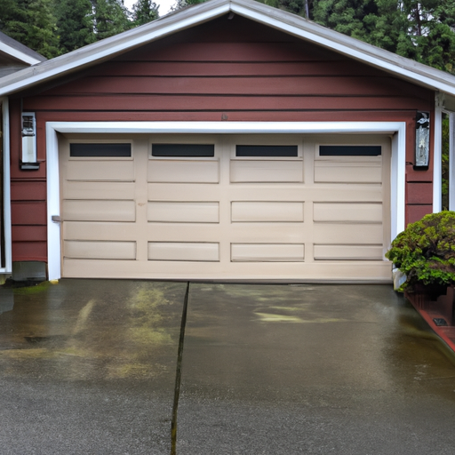 Overcast Gig Harbor street with a closed modern residential garage door, wet pavement and cedar trees in background.