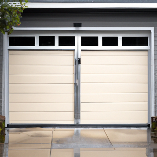 Modern garage door on a coastal Pacific Northwest home with visible hardware and light salt-weathering.