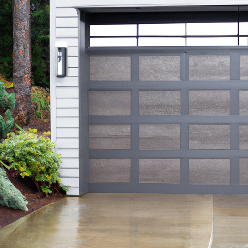 Modern steel garage door on a waterfront Gig Harbor home with smart keypad and wet driveway in soft morning light.