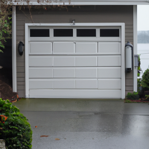 Residential garage door in Gig Harbor on wet pavement with visible weatherstripping and coastal background.