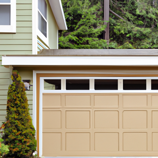 Residential garage door closed on a coastal Gig Harbor home with cedar siding and evergreen background, clear view of door and hardware.
