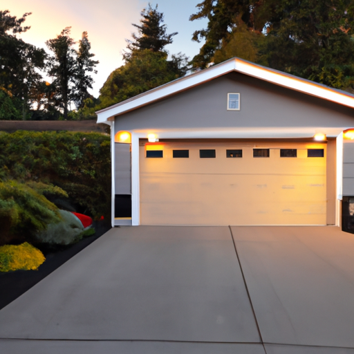 Modern residential garage door with smart keypad in a Gig Harbor, WA neighborhood at golden hour, coastal vegetation visible.