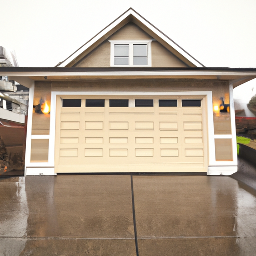 Craftsman home in Gig Harbor with a modern wooden garage door, overcast Puget Sound shoreline in the background, wet pavement visible