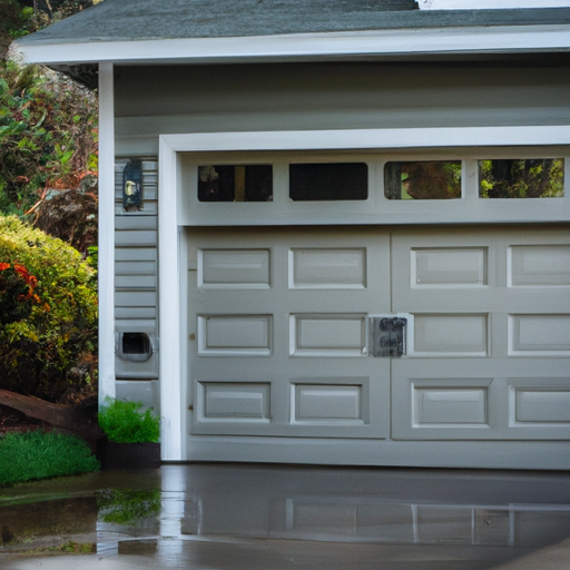 Coastal Gig Harbor home with a visible garage door at soft morning light, damp driveway and evergreen landscaping.