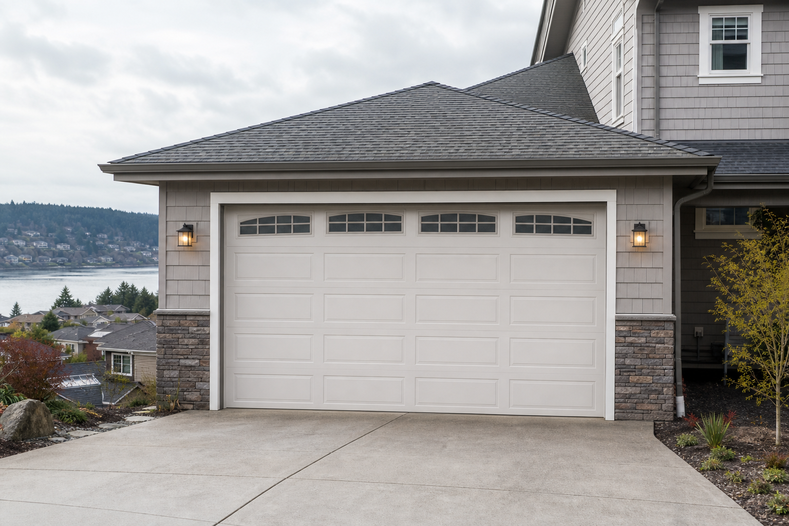 Garage door on a Gig Harbor home with a coastal neighborhood backdrop